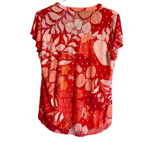 Ava & Grace Short Sleeve Quarter Button Lined Pink Orange Floral Top Women's Med - Picture 7 of 10